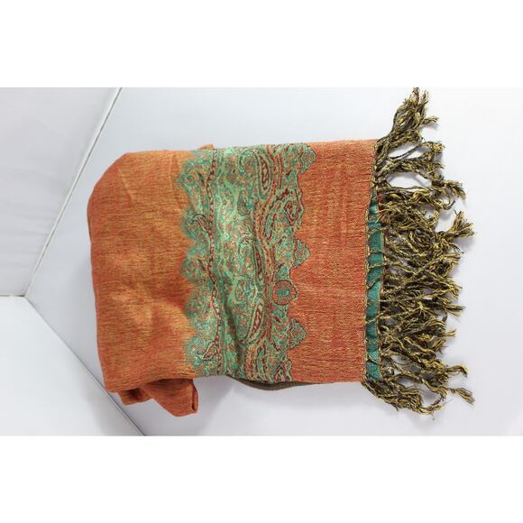 Sakkas Pashmina 72" x 28" reversable aqua/green orange fringe boho - Picture 6 of 9